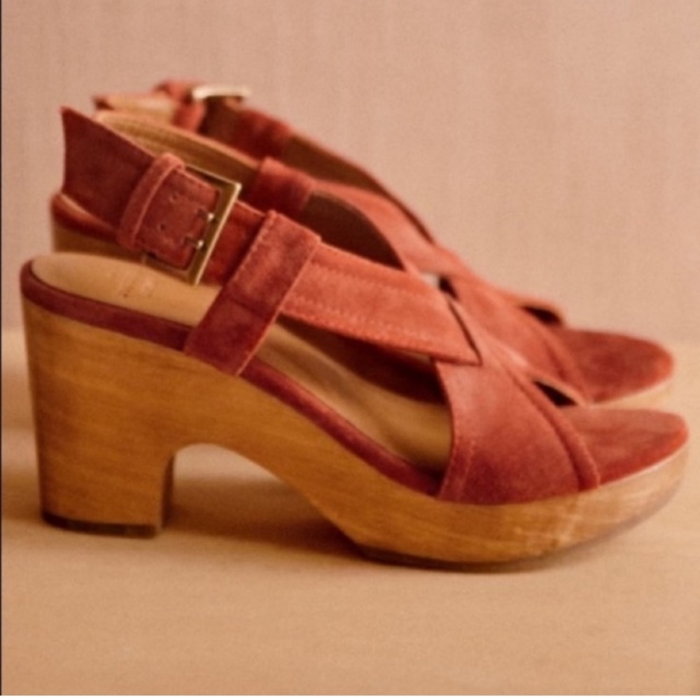 Sezane Rust Red Suede Platform Clog Sandals